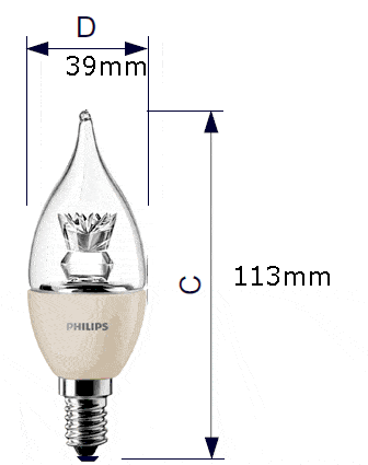 Philips LED tipkaars D 3.5W E14 2700K 230V BA39 CL lampmaat